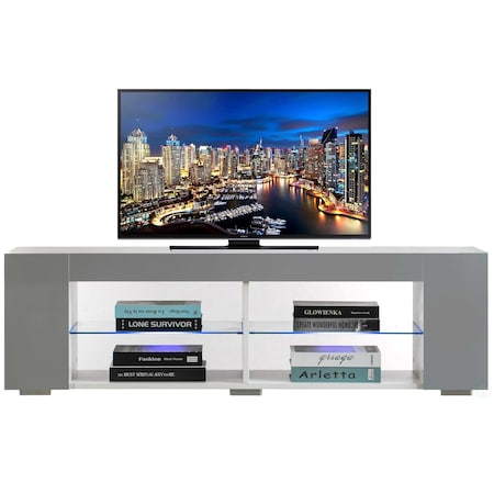 White Entertainment TV Stand With LED Lights And Glass Shelves With UV Frame